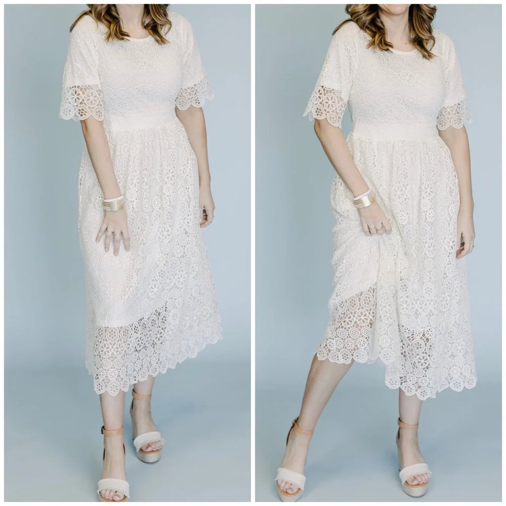 LAST 1❗️POLAGRAM White Embroidery Crochet Midi Dress - Picture 11 of 14
